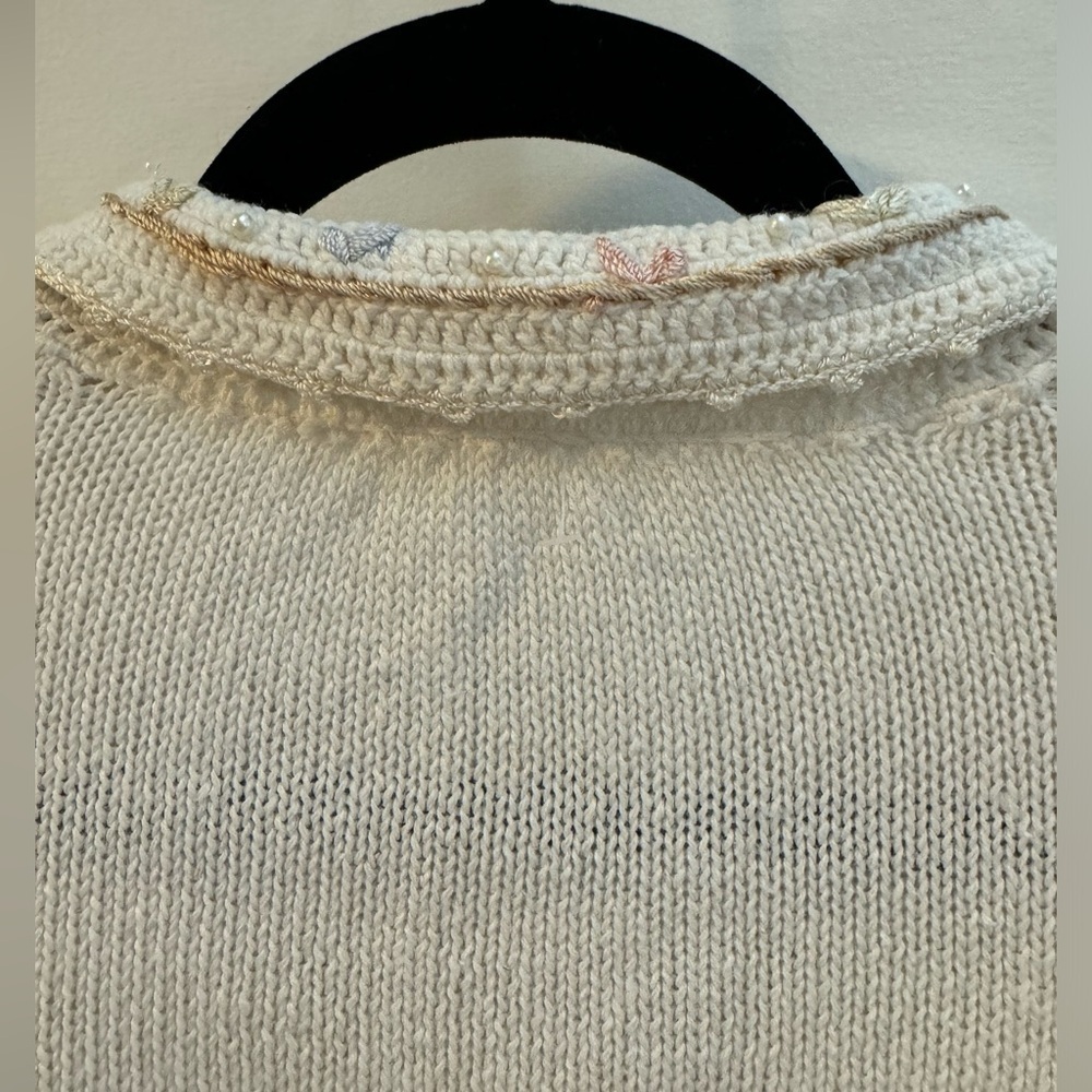 VTG Floral Embroidered Beaded Grannycore Women Collared Button Up Sweater Cream - Picture 11 of 14